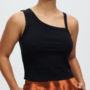 Good American Black Ribbed Asymmetrical Tank Top